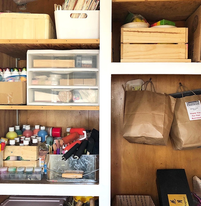 Extra storage for art supplies in kids art space