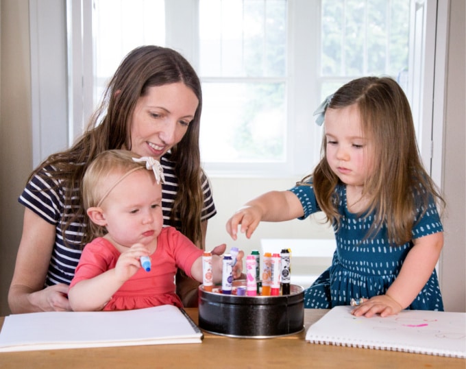 mom and kids making art